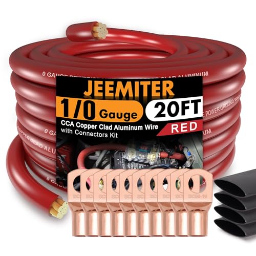 Jeemiter 1/0 Gauge Red CCA Wire (20ft Single Roll) - Replacement Power Cable for Car Amplifier, Battery, Big 3 Upgrade | with Terminals & Heat Shrink - Image 1