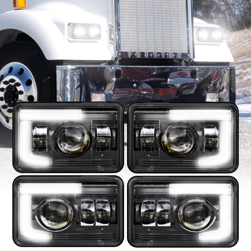 BICYACO DOT 120W 4x6 Inch LED Headlights DRL Rectangular Replacement H4651 H4652 H4656 H4666 H6545 Compatible with Peterbilt Kenworth Freightinger Ford Probe Oldsmobile Cutlass4 PCS