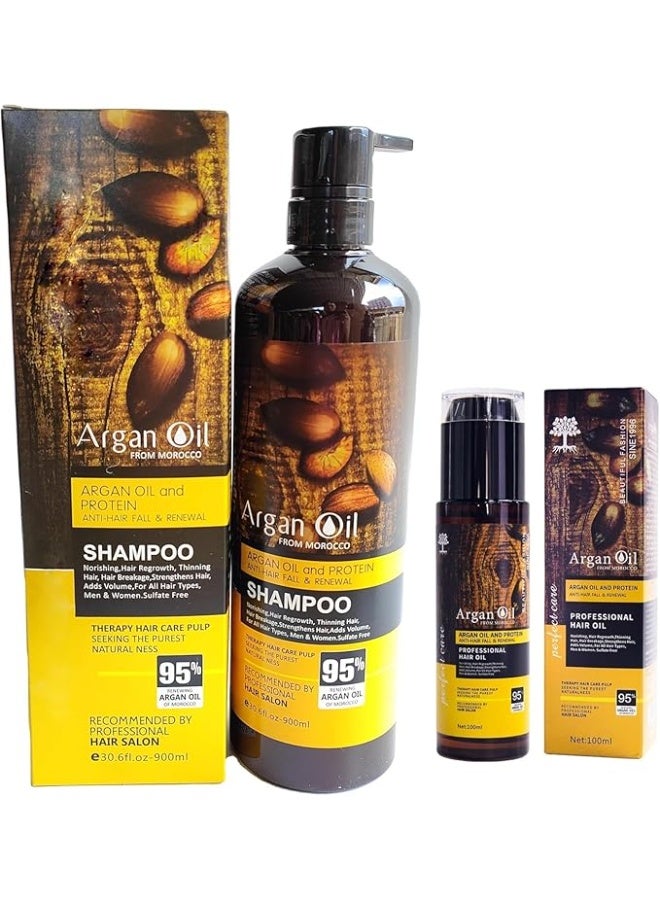 Protein queen Argan-Oil of Morocco SHAMPOO & HAIR OIL (Anti-Hair Fall & Renewal), Sulfate Free, Perfect for Damaged, Dry, Curly, Frizzy Hair - Thickening Formula for Fine/Thin Hair, Keratine Treat for Hair. - Image 1