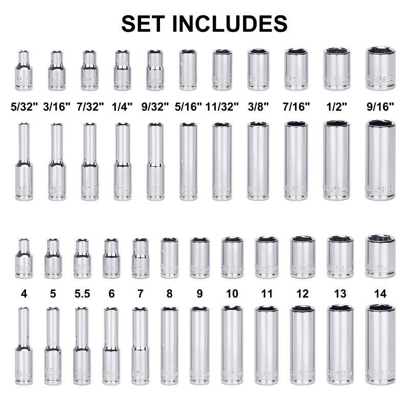 Mayouko 62 Pieces 1/4 Inch Drive Socket Set  Sae/Metric  1/4"" Dr. Socket Set With Ratchet And Adapters  5/32-Inch - 9/16-Inch  4Mm - 14 Mm - Image 3