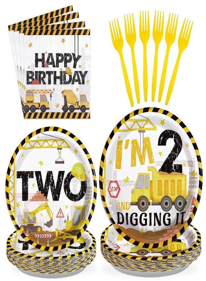 Grencian 96 Pcs Construction 2nd Birthday Party Supplies Construction Truck Plates and Napkins Tableware 350GSM Excavator Birthday Decorations Favors for Boys Tractor Dump Two Years Old, Serves 24 - Image 1