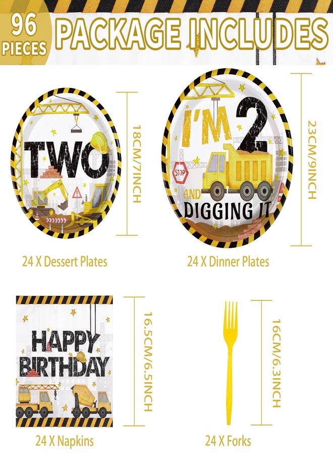 Grencian 96 Pcs Construction 2nd Birthday Party Supplies Construction Truck Plates and Napkins Tableware 350GSM Excavator Birthday Decorations Favors for Boys Tractor Dump Two Years Old, Serves 24 - Image 2