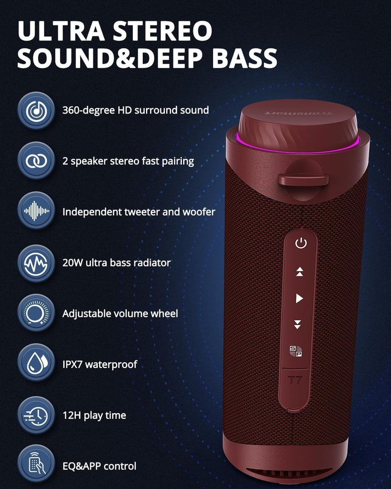 Tronsmart T7 30W Bluetooth Speaker, Portable Wireless Speaker with LED Lights Stereo Sound IPX7, AUX, Micro SD,TF Card (Red) - Image 2