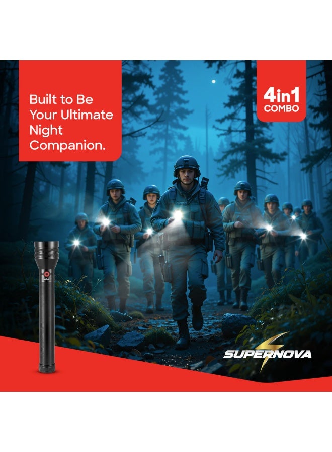 Sanford Pack of 4 Supernova Rechargeable LED Searchlight Combo, 20 Watts LASER LED, 6000mAh Li-ion Battery (18650), 400 Lumens, 2500 Meters Range, 5 Lighting Modes, 4.5 Hours Working Time, Tactical Camping Light, Aluminum Body Flashlight - Image 2