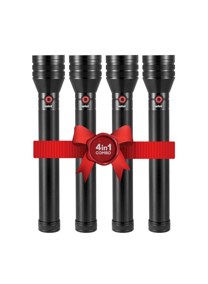 Sanford Pack of 4 Supernova Rechargeable LED Searchlight Combo, 20 Watts LASER LED, 6000mAh Li-ion Battery (18650), 400 Lumens, 2500 Meters Range, 5 Lighting Modes, 4.5 Hours Working Time, Tactical Camping Light, Aluminum Body Flashlight - Image 1