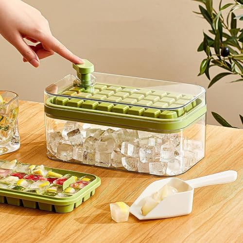 Home-Cloud Homecloud 2 Layer Ice Cube Tray with Lid & Bin, Square Ice Cubes Molds with Ice Scoop, One Tap Easy Release & Save Space, BPA Free Ice Cube Storage Container 64 Ice Cubes (Green) - Image 3