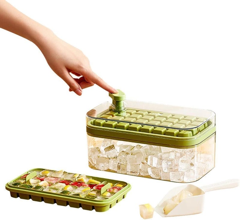Home-Cloud Homecloud 2 Layer Ice Cube Tray with Lid & Bin, Square Ice Cubes Molds with Ice Scoop, One Tap Easy Release & Save Space, BPA Free Ice Cube Storage Container 64 Ice Cubes (Green) - Image 1