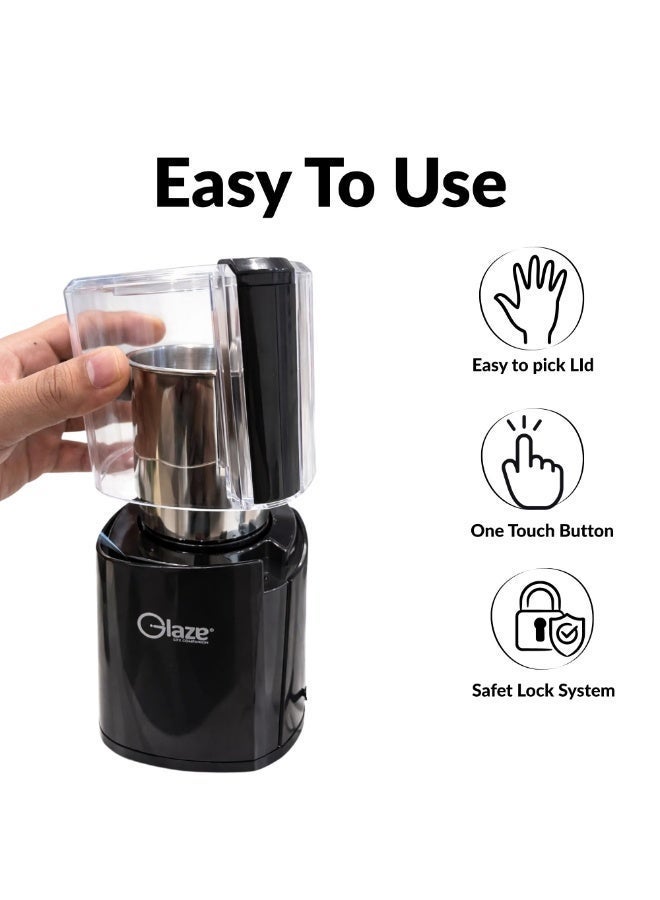 جليز مطحنة قهوة كهربائية 300 واط، سعة 100 غرام، شفرة من الفولاذ المقاوم للصدأ، مطحنة متعددة الأغراض لحبوب القهوة والتوابل - أسود - Image 3