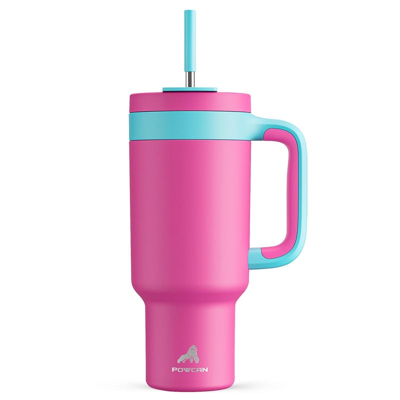 POWCAN 40 oz Tumbler with Handle 2in1 Straw and Sip Lid Leakproof Dishwasher Safe Insulated Stainless Steel Travel Coffee Mug Keeps Cold for 34 Hours Fits in Car Cup Holder Petal