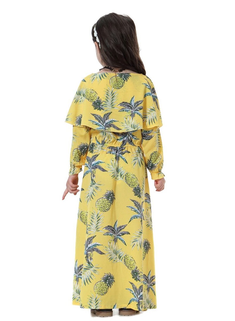 إسكدنيا Girl's Printed Maxi Dress With Long Sleeve Yellow Mix  - Image 3