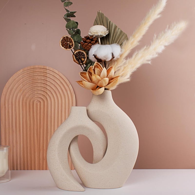 مزهرية سيراميك 2 في 1 للزهور، طراز نورديك الحديث البسيط، مزهرية دونات بيضاء بلمسة نهائية غير لامعة مرقطة، مثالية للزهور الطازجة أو المجففة، مثالية لديكور المنزل