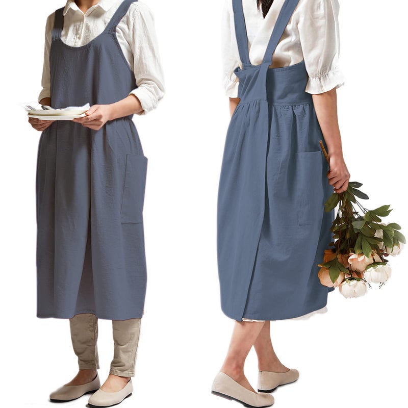 NEWGEM Cotton Linen Cross Back Apron for Women with Pockets Cute Japanese Korean Style Pinafore Dress Blue Grey