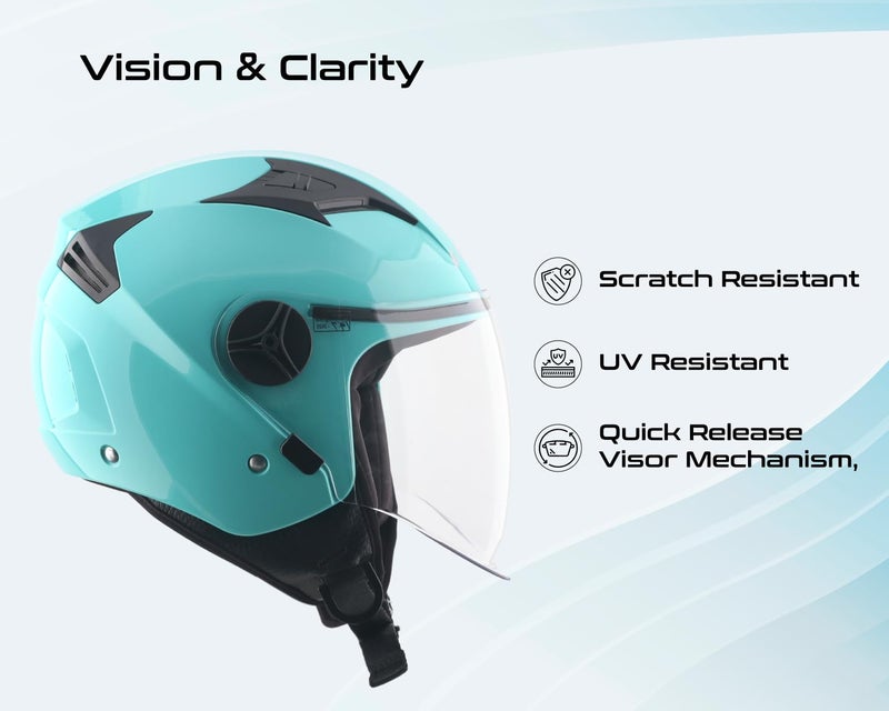 Vega VO-05 Clark ISI Certified Open Face Motorcycle Helmet with High-Impact ABS Shell, Scratch-Resistant Visor, Comfortable Breathable Inner Padding & Secure Strap – Mint - L - Image 4