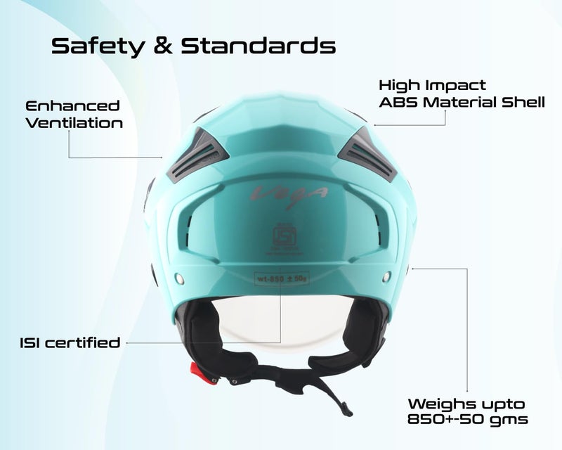 Vega VO-05 Clark ISI Certified Open Face Motorcycle Helmet with High-Impact ABS Shell, Scratch-Resistant Visor, Comfortable Breathable Inner Padding & Secure Strap – Mint - L - Image 5