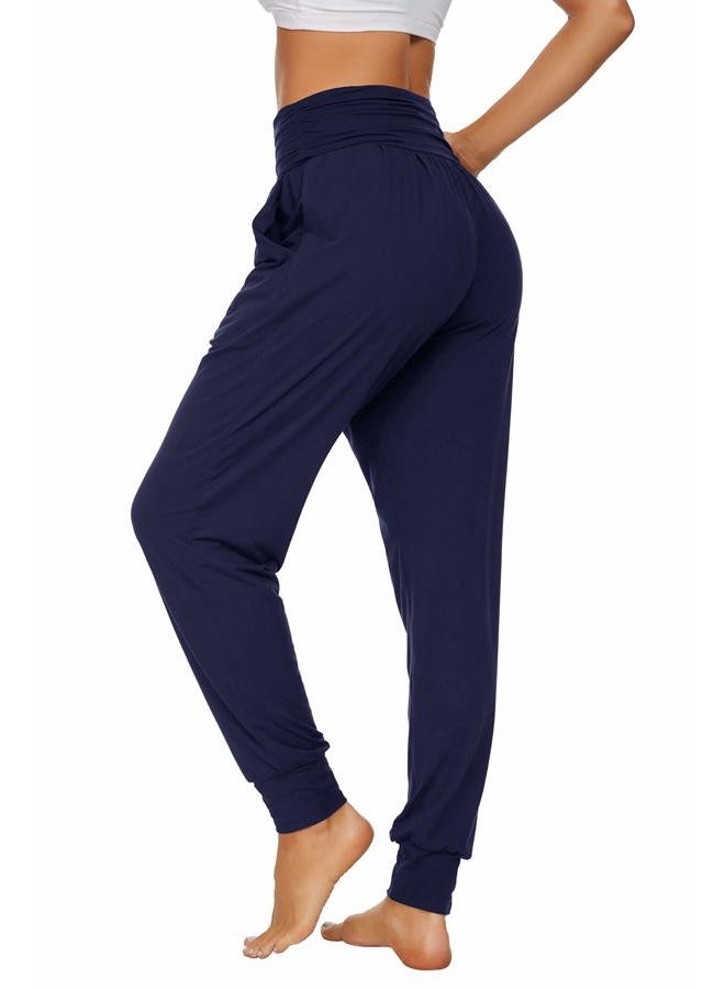 UEU Women's Cozy Yoga Joggers Pants Loose Workout Sweatpants Comfy Lounge Pants with Pockets, Navy, M - Image 3