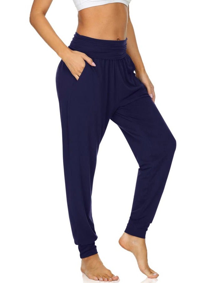 UEU Women's Cozy Yoga Joggers Pants Loose Workout Sweatpants Comfy Lounge Pants with Pockets, Navy, M - Image 1