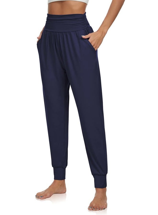 UEU Women's Cozy Yoga Joggers Pants Loose Workout Sweatpants Comfy Lounge Pants with Pockets, Navy, M - Image 2
