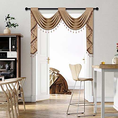 ELKCA Coffee Chenille Waterfall Valance for Living Room 2 Hollow Swags Valance for Bedroom Kitchen CurtainsRod Pocket1 Panel