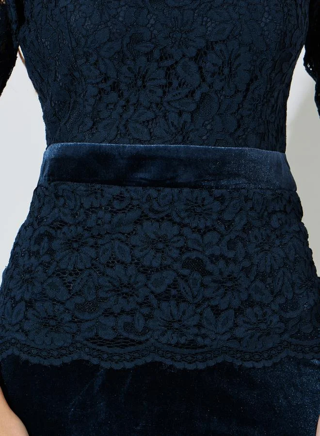 Styli  Navy Blue Lace Long Sleeves Velvet Mermaid Midi Dress for Women | Best Price UAE