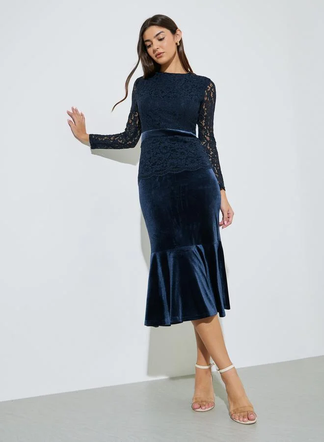 Styli  Navy Blue Lace Long Sleeves Velvet Mermaid Midi Dress for Women | Best Price UAE