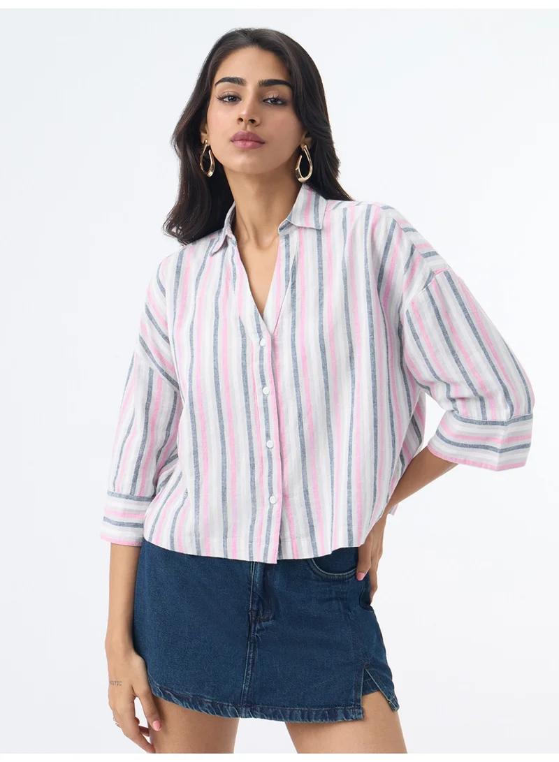 The Souled Store The Souled Store Cotton Linen Shirt: Linette Women and Girls Elbow Length Drop-Shoulder Sleeves Spread Collar White Base With Pink And Blue Stripes Oversized Fit Lightweight Casual Shirt