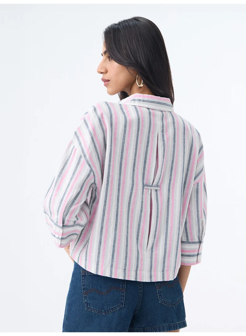 The Souled Store  The Souled Store Cotton Linen Shirt: Linette Women and Girls Elbow Length Drop-Shoulder Sleeves Spread Collar White Base With Pink And Blue Stripes Oversized Fit Lightweight Casual Shirt  | Best Price UAE