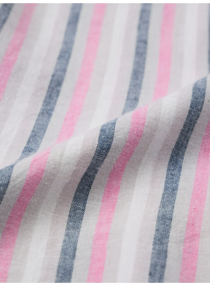 The Souled Store  The Souled Store Cotton Linen Shirt: Linette Women and Girls Elbow Length Drop-Shoulder Sleeves Spread Collar White Base With Pink And Blue Stripes Oversized Fit Lightweight Casual Shirt  | Best Price UAE