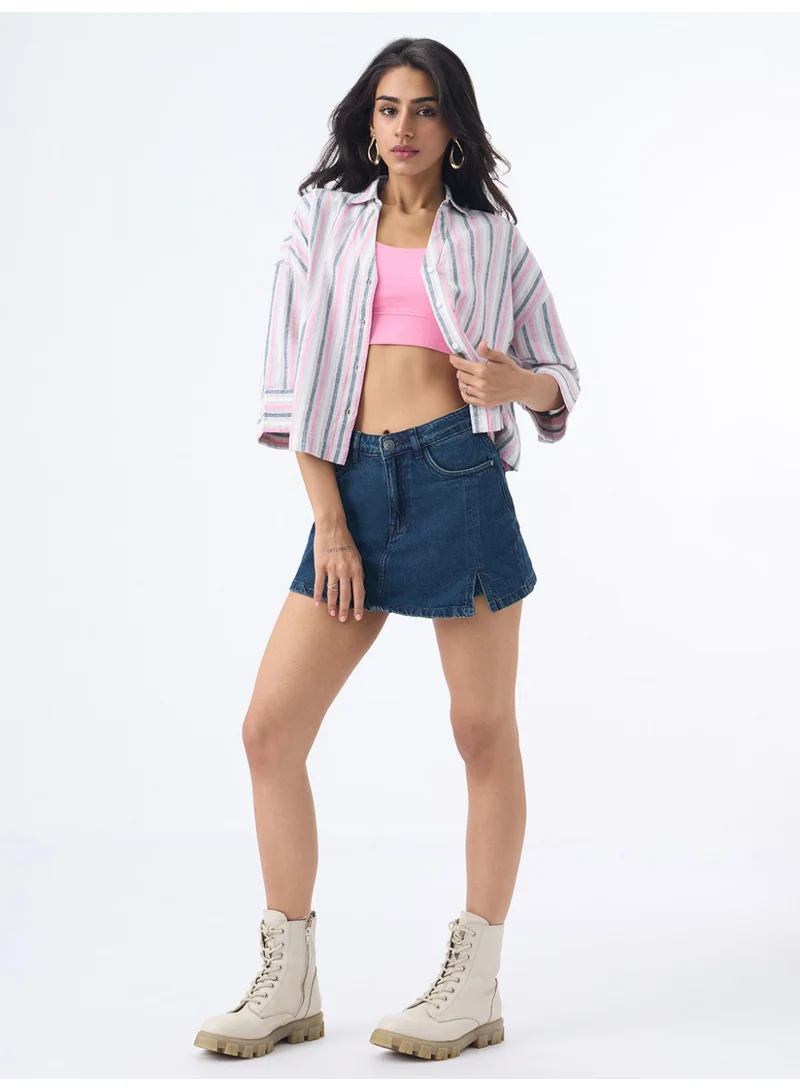 The Souled Store The Souled Store Cotton Linen Shirt: Linette Women and Girls Elbow Length Drop-Shoulder Sleeves Spread Collar White Base With Pink And Blue Stripes Oversized Fit Lightweight Casual Shirt