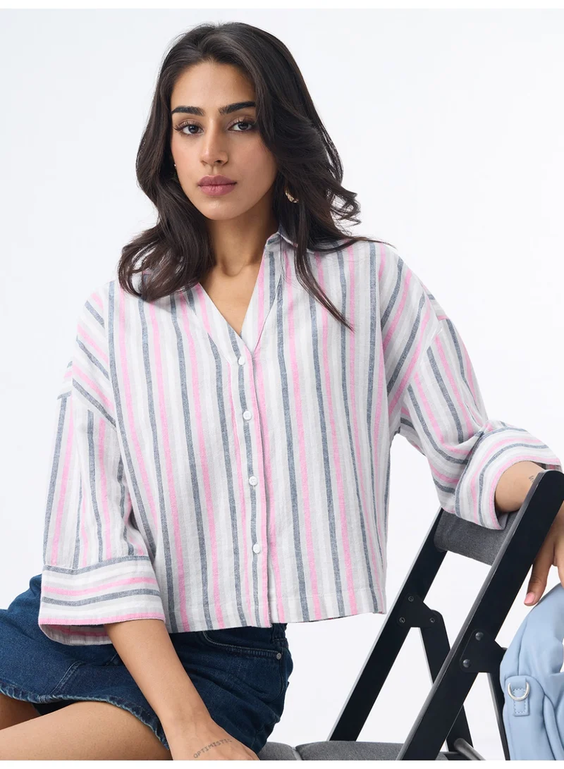The Souled Store  The Souled Store Cotton Linen Shirt: Linette Women and Girls Elbow Length Drop-Shoulder Sleeves Spread Collar White Base With Pink And Blue Stripes Oversized Fit Lightweight Casual Shirt  | Best Price UAE