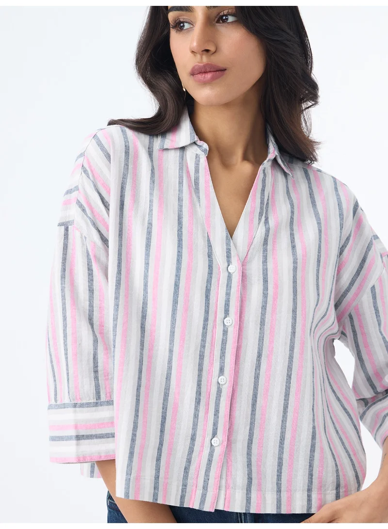 The Souled Store  The Souled Store Cotton Linen Shirt: Linette Women and Girls Elbow Length Drop-Shoulder Sleeves Spread Collar White Base With Pink And Blue Stripes Oversized Fit Lightweight Casual Shirt  | Best Price UAE