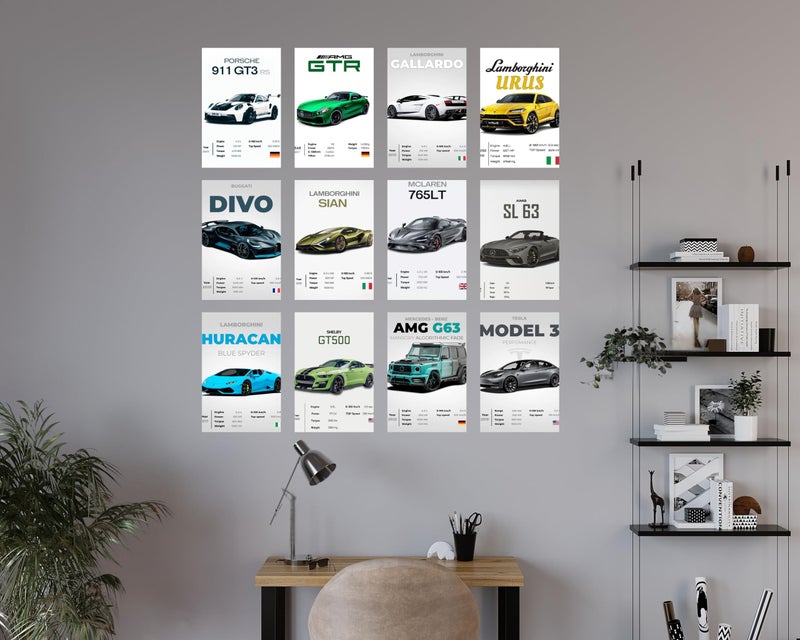 Posters Inc Set of 12 Multi Car Posters for Wall, Home Decoration Items for Living Room, Aesthetic Wall Stickers for Bedroom, Birthday Gift for Men, 300 GSM A4 Size Paper, Glue Dots Included. - Image 2