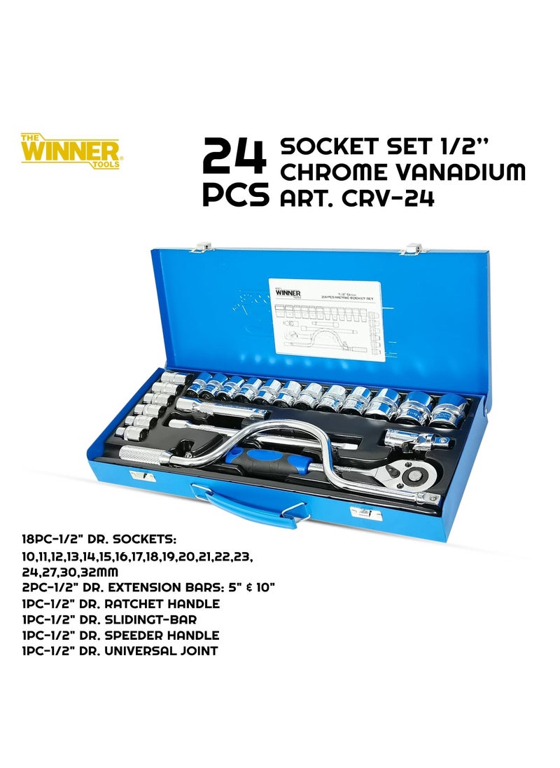 وينر WINNER CRV24 - طقم مفتاح ربط مكون من 24 قطعة، أداة إصلاح احترافية من الكروم والفاناديوم  - Image 1