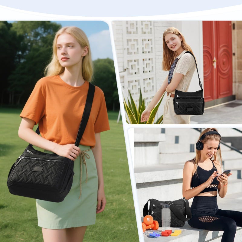 Rkrouco Crossbody Bag for Womens Multi-Pocket Shoulder Handbags Nylon Waterproof Messenger Bag Lightweight Casual Purse Handbag Women Travel (Black) - Image 2