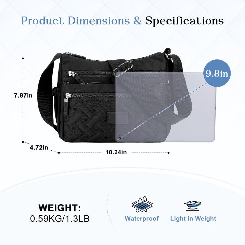 Rkrouco Crossbody Bag for Womens Multi-Pocket Shoulder Handbags Nylon Waterproof Messenger Bag Lightweight Casual Purse Handbag Women Travel (Black) - Image 4