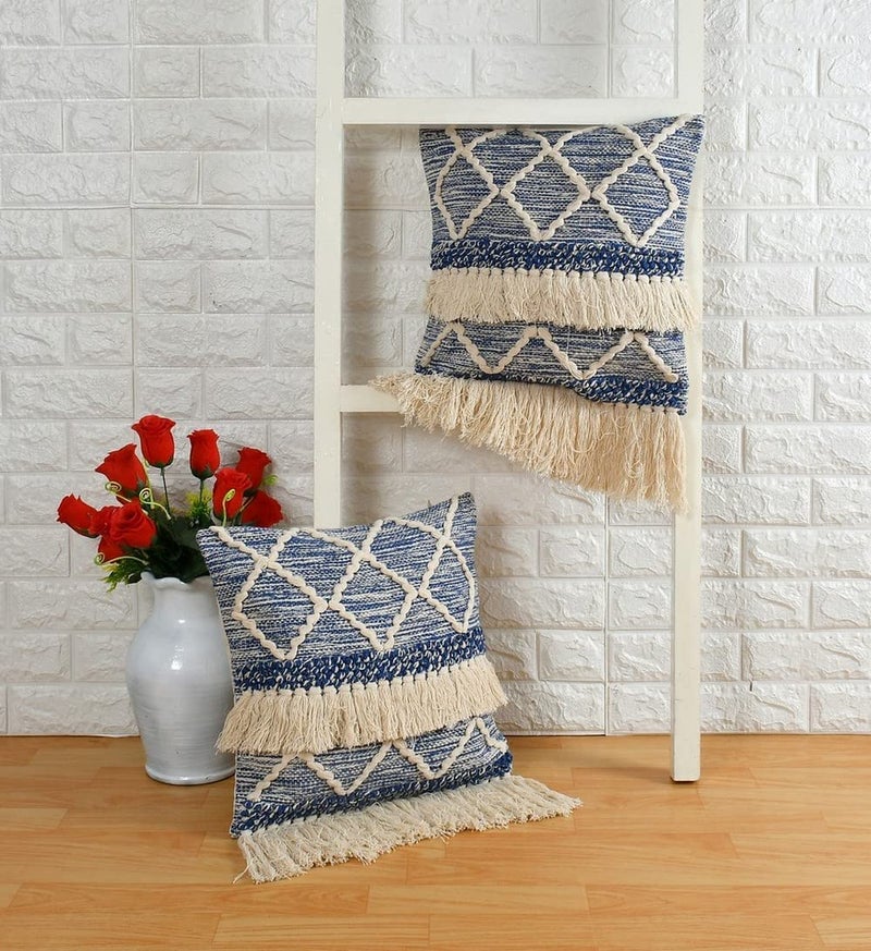 pepme pepme Blue Tufted Cushion Cover Tassles Wave 18x18 Pack of 1  - Image 1