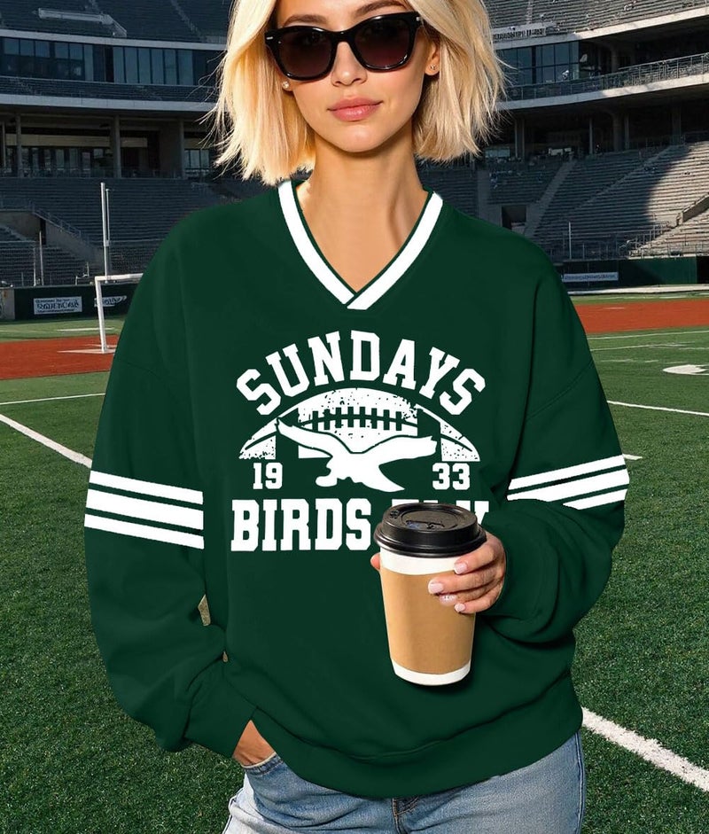 MYHALF Jersey Shirts for Women Football Fans Sweatshirt Game Day Outfits Sunday Funday Pullover V Neck Y2k Streetwear Tops - Image 2