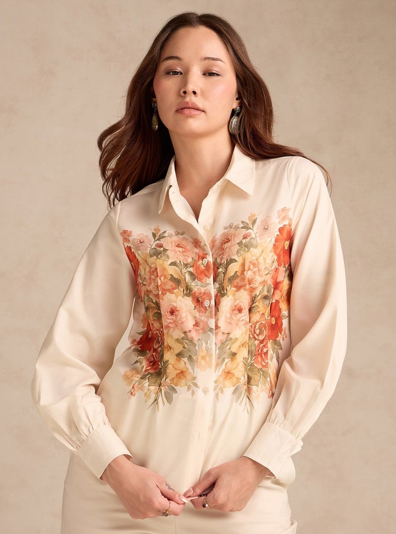 OUTZIDR Off White Cinched Waist Printed Shirt - Image 1