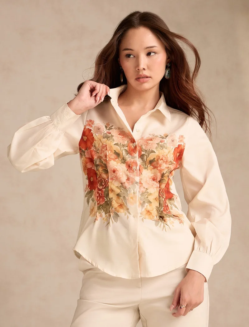 Outzidr  Off White Cinched Waist Printed Shirt for Women | Best Price UAE