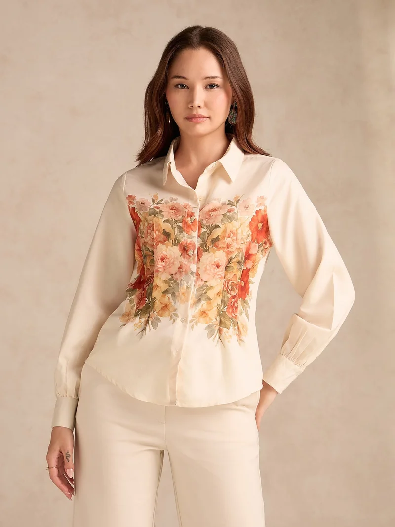 Outzidr  Off White Cinched Waist Printed Shirt for Women | Best Price UAE