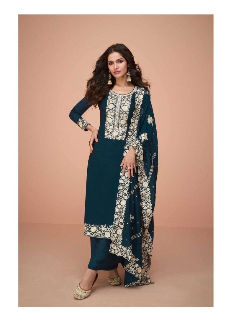 Grab Mantra Premium Silk Turquoise Blue Salwar Kameez With Inner Having Thread Embroidery Plus Dupatta  - Image 1