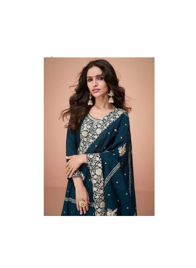 Grab Mantra Premium Silk Turquoise Blue Salwar Kameez With Inner Having Thread Embroidery Plus Dupatta  - Image 4