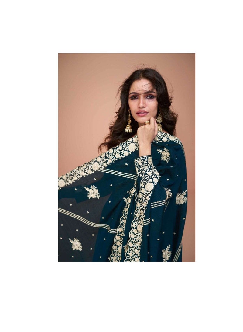 Grab Mantra Premium Silk Turquoise Blue Salwar Kameez With Inner Having Thread Embroidery Plus Dupatta  - Image 5