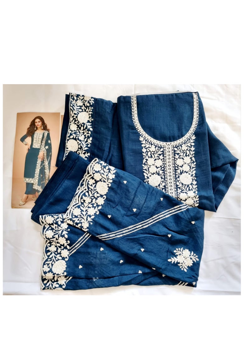 Grab Mantra Premium Silk Turquoise Blue Salwar Kameez With Inner Having Thread Embroidery Plus Dupatta  - Image 3