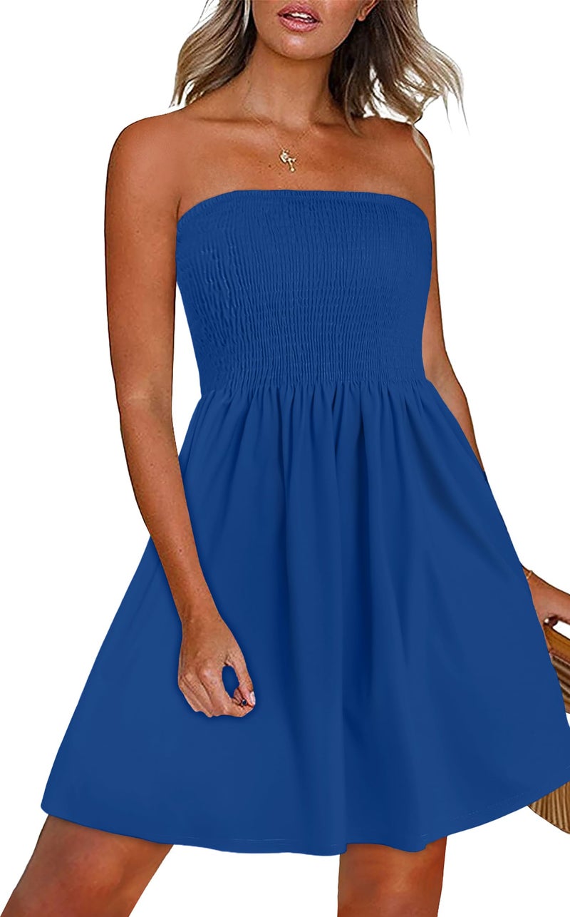 CHICGAL Summer Dresses for Women Strapless Sundress Casual Printed Beach Cover Ups（A Rayol Blue,S） - Image 1