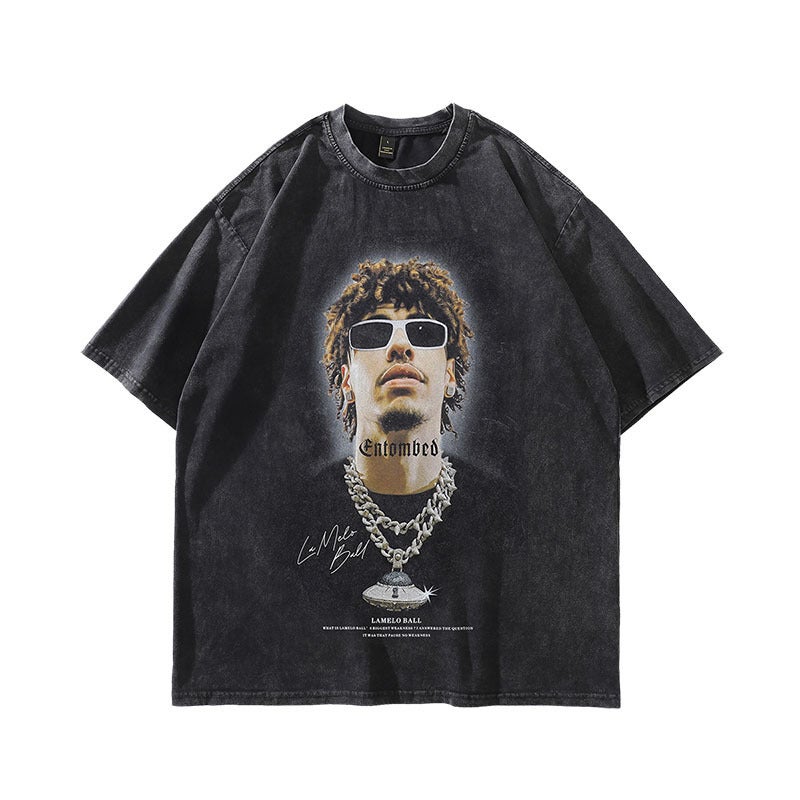 American Style Street Washed Antique Printed T-Shirt Oversize Heavy Cotton Vintage Retro Style - Image 1