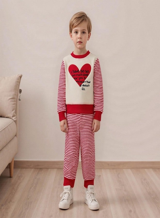 wybzd Toddler Boy Girl Valentine's Day Outfits Heart Crewneck Sweatshirt Pullover Knit Stripe Pants Set Valentine Clothes (Red, 3-4 Years) - Image 3