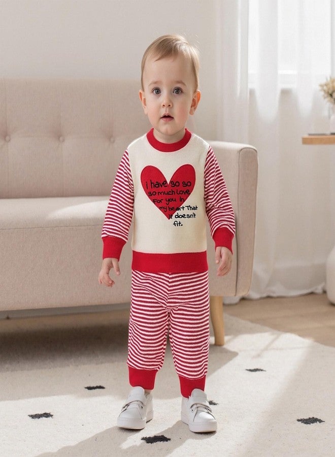 wybzd Toddler Boy Girl Valentine's Day Outfits Heart Crewneck Sweatshirt Pullover Knit Stripe Pants Set Valentine Clothes (Red, 3-4 Years) - Image 2