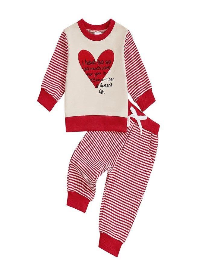 wybzd Toddler Boy Girl Valentine's Day Outfits Heart Crewneck Sweatshirt Pullover Knit Stripe Pants Set Valentine Clothes (Red, 3-4 Years) - Image 1