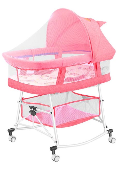 3-in-1 Portable Baby Sleeper Rocking Cradle Bed, Baby Sleeper Crib with Storage Basket ,Easy Carry Bassinet with Breathable Net Mattress Pink