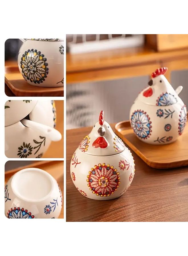 2PCS Blue Rooster Seasoning Jar With Spoon Dustproof Moisture Proof Ceramic Kitchen Container For Salt Sugar Spices - Image 3